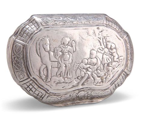 AN EARLY 18TH CENTURY SILVER SNUFF BOX 19th Century French duty mark, c.1740, cartouche-shaped with chased decoration and a s