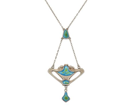 CHARLES HORNER - A SILVER AND ENAMEL PENDANT NECKLACE the pierced lozenge-shaped pendant filled with blue-green enamel, suspe