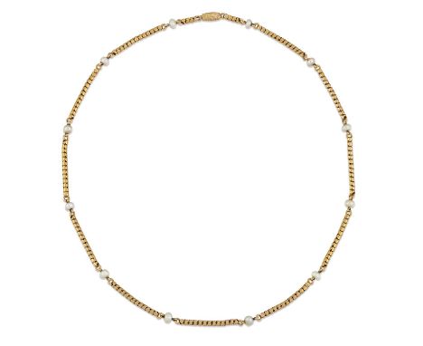 A LATE 19TH CENTURY BUTTON PEARL NECKLACE button pearls spaced by lengths of Brazilian link chain, to a foliate engraved barr