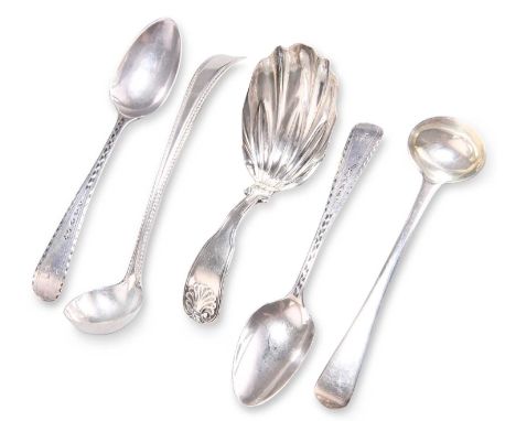 AN IRISH SILVER CONDIMENT LADLE, CADDY SPOON, SALT SPOON AND A PAIR OF BRIGHT-CUT TEASPOONS the ladle with indistinct maker's