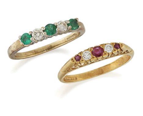 TWO RINGS comprising AN 18 CARAT GOLD RUBY AND DIAMOND RING, three round-cut rubies spaced by round brilliant-cut diamonds ab