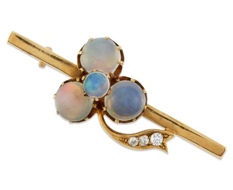 A LATE 19TH CENTURY OPAL AND DIAMOND BROOCH four round opals set as a clover, with a diamond-set stem, to a flat-sided bar. E