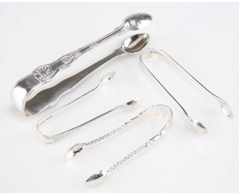 FOUR PAIRS OF SILVER SUGAR TONGS, WILLIAM IV AND LATER A PAIR OF WILLIAM IV SILVER SUGAR TONGS, by Robert Hennell II (probabl