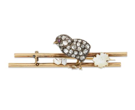 A LATE 19TH CENTURY NOVELTY DIAMOND AND ENAMEL CHICK BROOCH pavé-set with rose-cut diamonds and a ruby eye, spaced by enamell