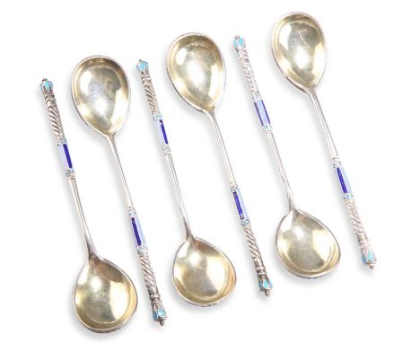 A SET OF SIX RUSSIAN SILVER AND ENAMEL SPOONS combined 84 standard and Moscow city mark, the backs of the bowls picked out wi