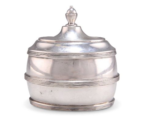 A GERMAN SILVER CADDY 20th Century, oval, with reeded bands and pull-off cover. 10.2cm high, 8.5cm wide, 8 troy ounces