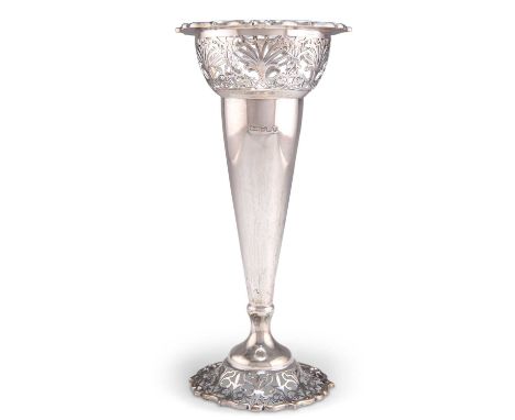 A GEORGE V SILVER FLOWER VASE by Mappin &amp; Webb Ltd, Sheffield 1917, of tapering form with pierced neck and foot. 20.5cm h