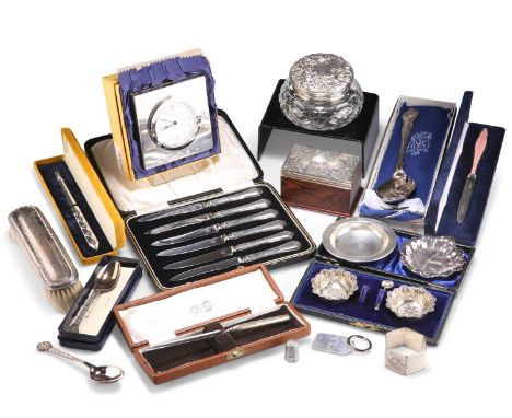 A COLLECTION OF SILVER AND PLATE including a pink enamel letter opener, two trinket dishes, a Victorian silver-topped wooden 
