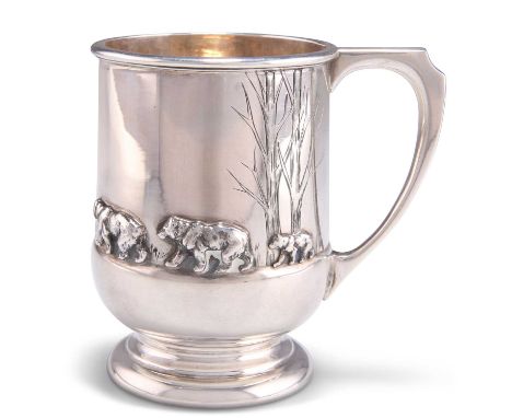 AN ELIZABETH II SILVER NURSERY RHYME CHRISTENING MUG by Mappin &amp; Webb Ltd, Sheffield 1957, applied with three bears walki