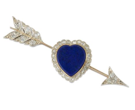 A LAPIS LAZULI AND DIAMOND BROOCH a heart-cut lapis lazuli within an old-cut diamond frame and pierced by a diamond arrow. Es