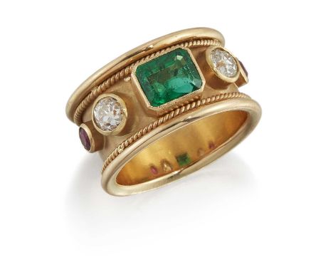 AN 18 CARAT GOLD EMERALD, DIAMOND AND RUBY DRESS RING an octagonal-cut diamond spaced by old-cut diamonds and round-cut rubie