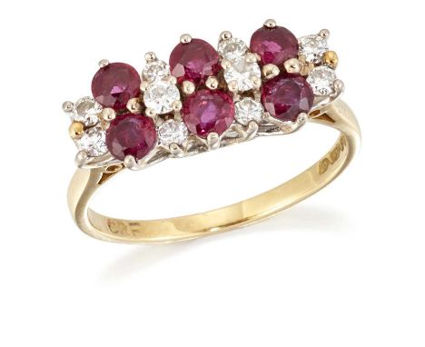 AN 18 CARAT GOLD RUBY AND DIAMOND RING pairs of round-cut rubies spaced by groups of round brilliant-cut diamonds. Estimated 