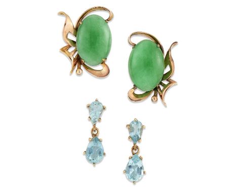 TWO PAIRS OF EARRINGS comprising A PAIR OF JADE EARRINGS, oval cabochon jade within ribbon settings, with screw thread post f