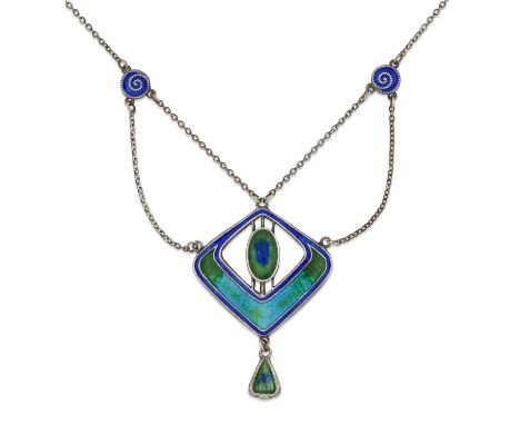 CHARLES HORNER - A SILVER AND ENAMEL PENDANT NECKLACE a pierced lozenge-shaped plaque filled with blue-green peacock enamel, 