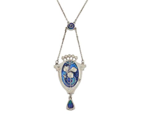 CHARLES HORNER - A SILVER AND ENAMEL PENDANT NECKLACE the shield-shaped pendant filled with blue-purple enamel and raised fol