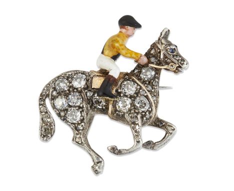 AN ENAMEL AND DIAMOND NOVELTY EQUESTRIAN BROOCH modelled as a horse and jockey, set throughout with old-cut diamonds and enam