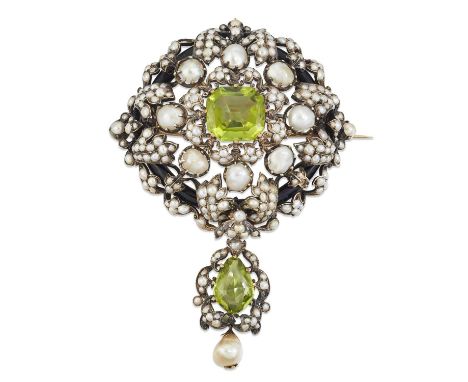 A LARGE  MID-19TH CENTURY PERIDOT AND NATURAL SALTWATER PEARL BROOCH an octagonal-cut peridot within an elaborate foliate fra