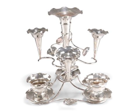 AN EDWARDIAN SILVER-PLATED EPERGNE by Coles &amp; Fryer Ltd, Birmingham, of sinuous form, with four trumpet-form vases and th