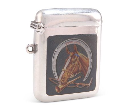 AN EDWARDIAN SILVER VESTA CASE by Robert Chandler, Birmingham 1908, slightly shaped for the pocket, decorated with a print of