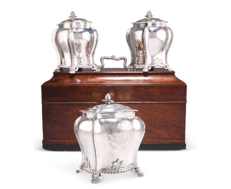 A RARE SET OF TWO GEORGE III SILVER TEA CANISTERS AND A SILVER SUGAR BOX, IN ORIGINAL ROSEWOOD CADDY by Daniel Smith &amp; Ro