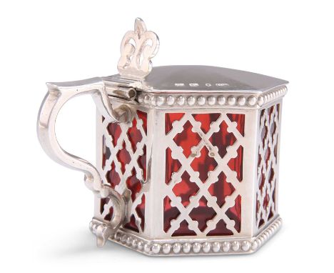 A VICTORIAN SILVER MUSTARD POT by Henry Wilkinson &amp; Co, Sheffield 1846, hexagonal, with lattice-work sides between beaded