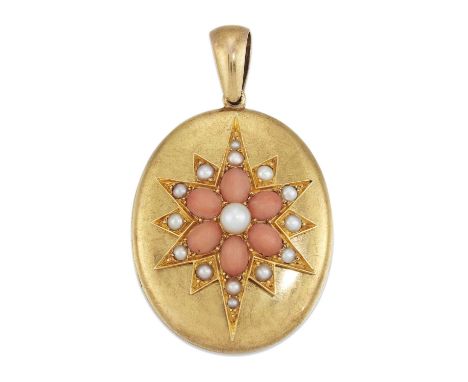 A LATE 19TH CENTURY CORAL AND PEARL OVAL LOCKET PENDANT  star-set with a button pearl within a border of oval coral and seed 