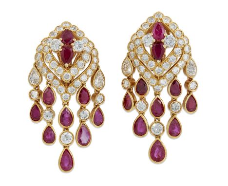 A PAIR OF RUBY AND DIAMOND PENDANT EARRINGS pear-cut rubies within frames of round brilliant-cut diamonds, suspending ruby an