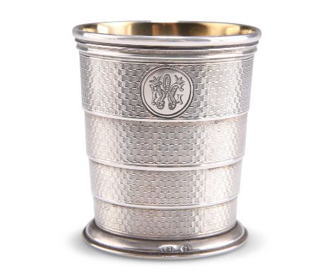 A VICTORIAN ENGINE-TURNED SILVER COLLAPSIBLE BEAKER CUP, IN A CASE FOR SAMUEL DIXON, 23 CORNHILL by Thomas Johnson, London 18