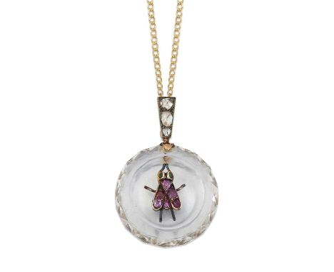 A MULTI GEMSTONE PENDANT ON CHAIN a fly with ruby-set wings and emerald eyes to a faceted rock crystal disc and suspended fro