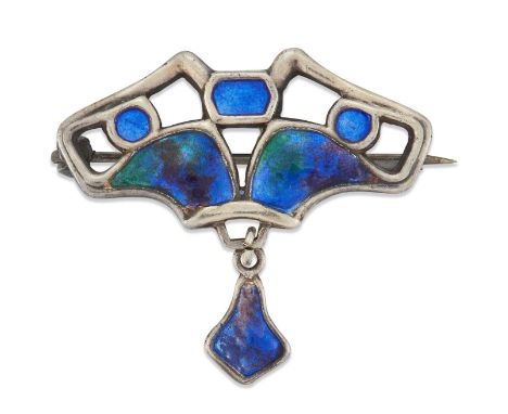 CHARLES HORNER - A SILVER AND ENAMEL BROOCH the pierced plaque filled with blue-green and purple enamel, suspending an enamel