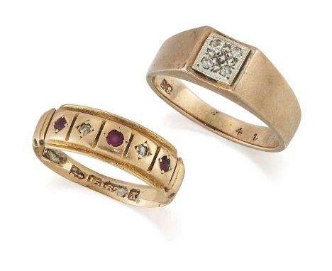 TWO RINGS comprising A 15 CARAT GOLD RUBY AND DIAMOND RING, hallmarked Chester 1893, ring size L, 1.9 grams; and A 9 CARAT GO