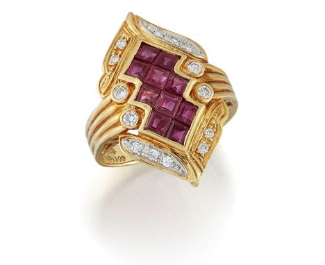 A RUBY AND DIAMOND RING calibré-cut rubies within a fancy diamond-set navette frame. Estimated total diamond weight 0.20ct ap