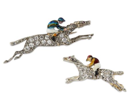 TWO DIAMOND AND ENAMEL NOVELTY EQUESTRIAN BROOCHES each modelled as a horse and jockey, pavé-set with diamonds and enamelled 