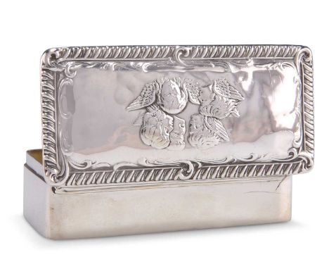 AN EDWARDIAN SILVER SNUFF BOX by Henry Matthews, Birmingham 1904, rectangular with hinged cover, chased with cherubs heads wi