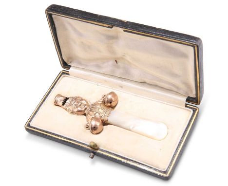 A LATE VICTORIAN 9 CARAT GOLD AND MOTHER-OF-PEARL BABY'S RATTLE AND WHISTLE by Hilliard &amp; Thomason, Birmingham 1899, stam