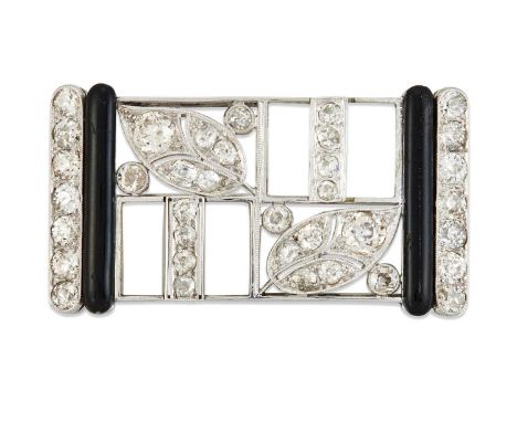 AN ART DECO DIAMOND, ROCK CRYSTAL AND ENAMEL BROOCH the rectangular plaque with pierced diamond-set leaves, spaced by frosted