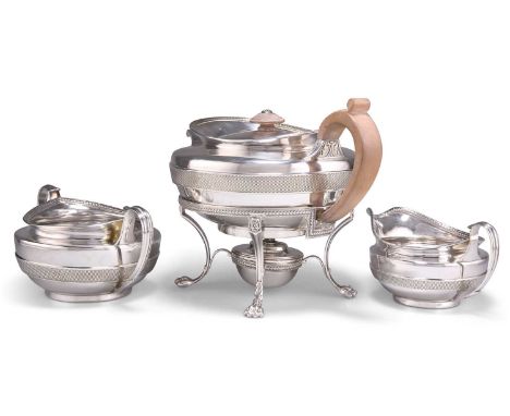 A GEORGE III SILVER THREE-PIECE TEA SERVICE by John Emes, London 1802, comprising teapot on stand with a burner, cream jug an