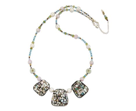 A GEMSTONE BEAD NECKLACE three graduated abalone mosaic beads spaced by cultured pearls, jade bi, kunzite, aquamarine, perido