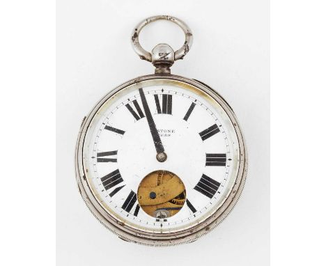 AN OPEN FACED SILVER POCKET WATCH the circular white enamel dial with black Roman index and outer minute track signed H Stone