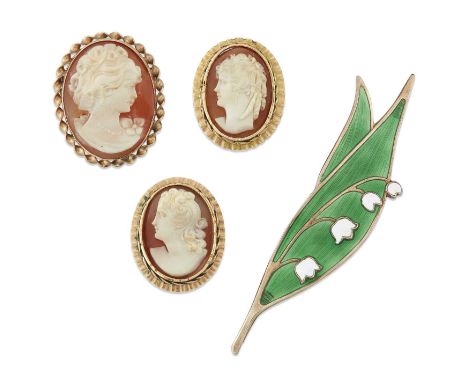 A GROUP OF JEWELLERY comprising N. M. THUNE, OSLO - A NORWEGIAN SILVER ENAMELLED LILY OF THE VALLEY BROOCH, maker's mark, mar