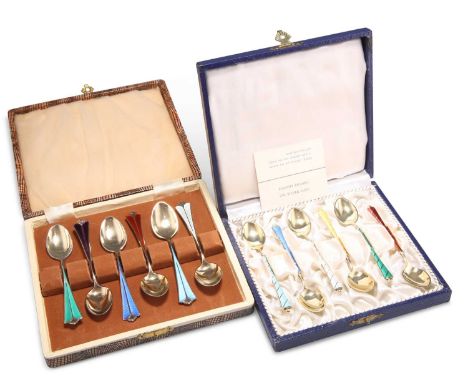 TWO CASED SETS OF SIX SCANDINAVIAN SILVER GILT AND HARLEQUIN ENAMEL COFFEE SPOONS the first six by David Andersen of Norway, 