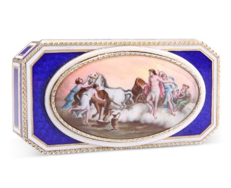 A FINE FRENCH SILVER-GILT AND ENAMEL SNUFF BOX early 20th Century, rectangular with canted corners, the hinged cover centred 