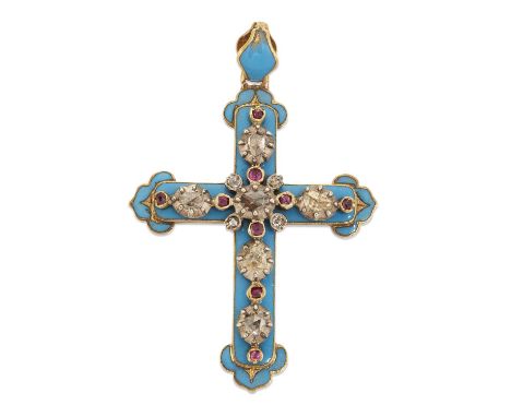 A 19TH CENTURY BLUE ENAMEL, DIAMOND AND RUBY CROSS PENDANT designed as a blue enamelled cross fleury, picked out in gilt and 