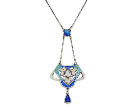 CHARLES HORNER - A SILVER, ENAMEL AND MOTHER-OF-PEARL PENDANT NECKLACE an openwork pendant with a central mother-of-pearl pla