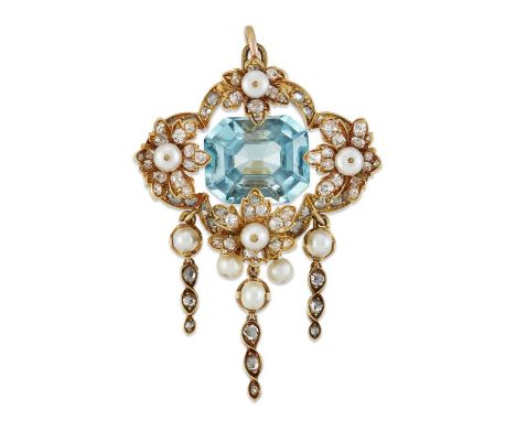 A BLUE ZIRCON, PEARL AND DIAMOND PENDANT an octagonal-cut blue zircon within a lobed frame of four diamond and button pearl-s