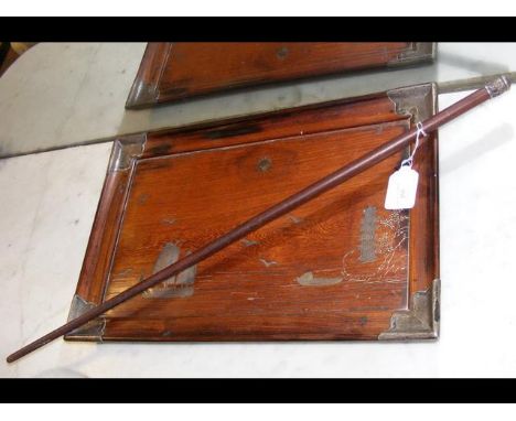 An inlaid oriental tray, together with swagger stick 