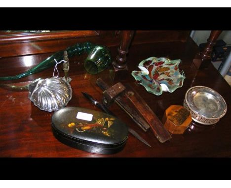 Various collectables, including papier mache box, tools 