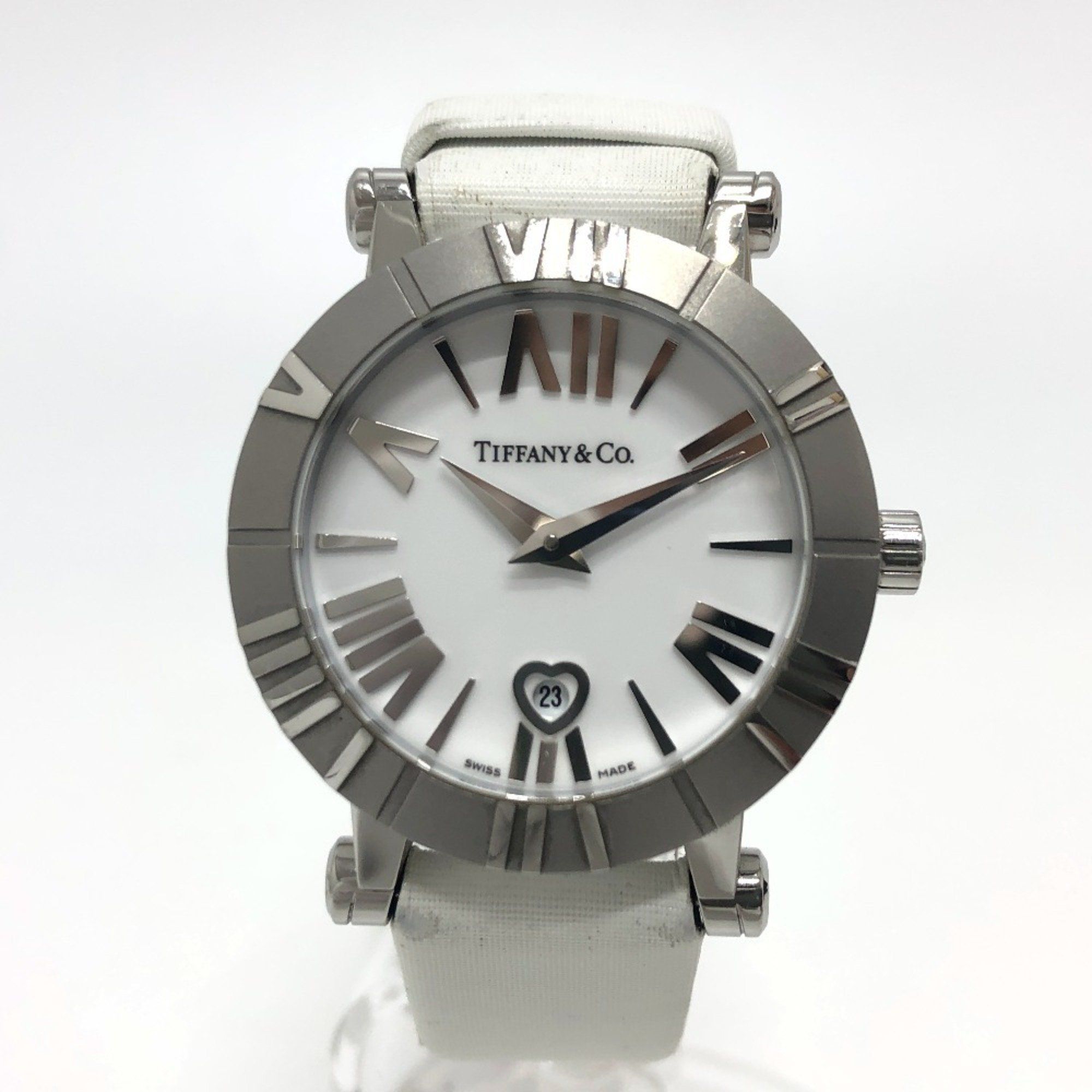 TIFFANY & Co. Z1300.11.11A20A41A White Ceramic Atlas Quartz Date Watch with Stainless Steel and Leat