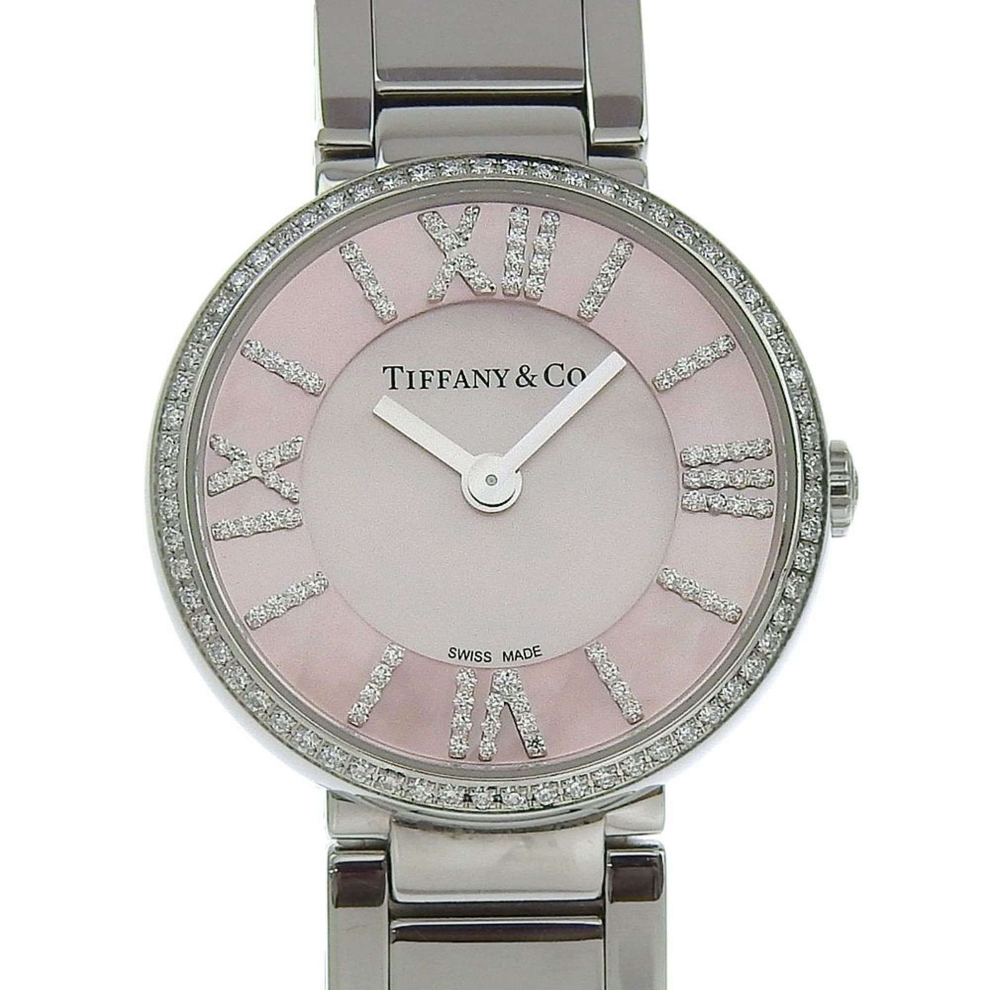Like new Tiffany & Co. Atlas 6929161, pink shell dial, diamond bezel, indexes, stainless steel