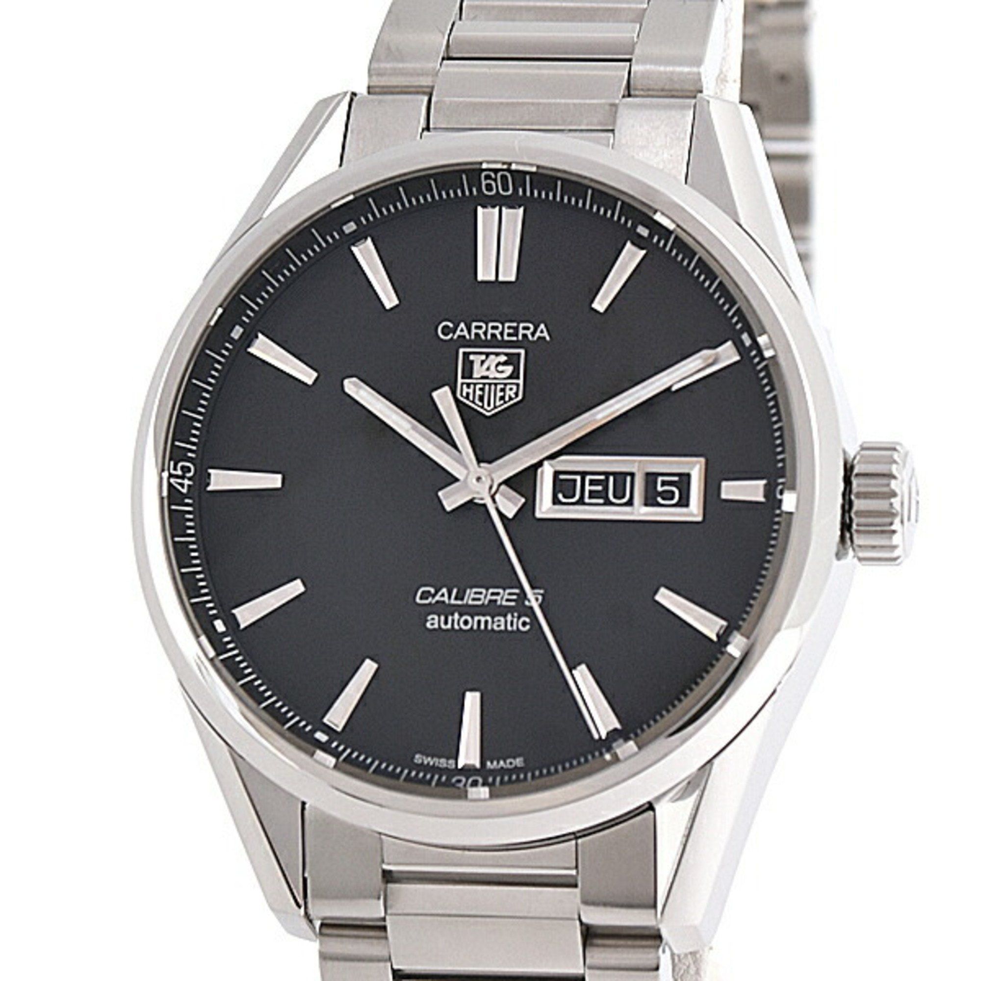 TAG Heuer Men's Carrera Calibre 5 Automatic Watch with Black Dial and Stainless Steel Case, WAR201A-